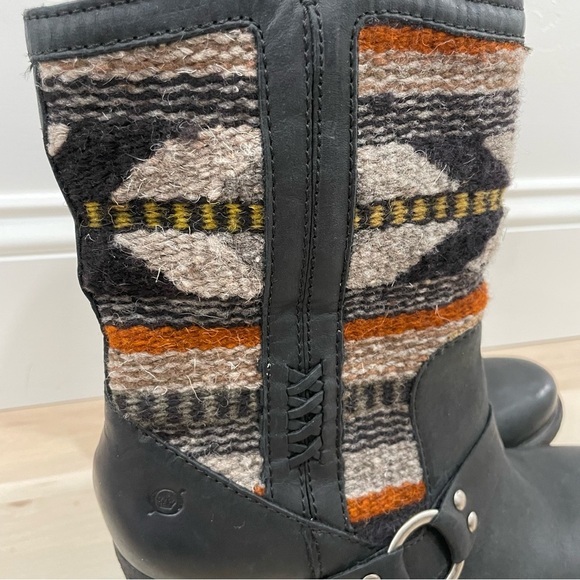 Born Panarea Women's 8 Southwestern Wool Black Leather Zip Up Aztec Heel Boot - Picture 2 of 13